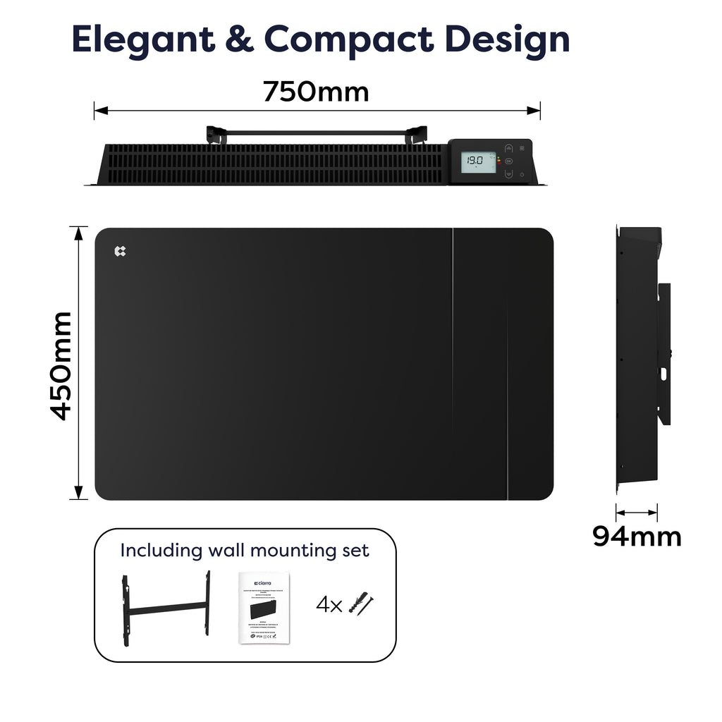 1500W Smart WiFi Electric Radiator with Dual Ceramic & Aluminium Heating Core-Black