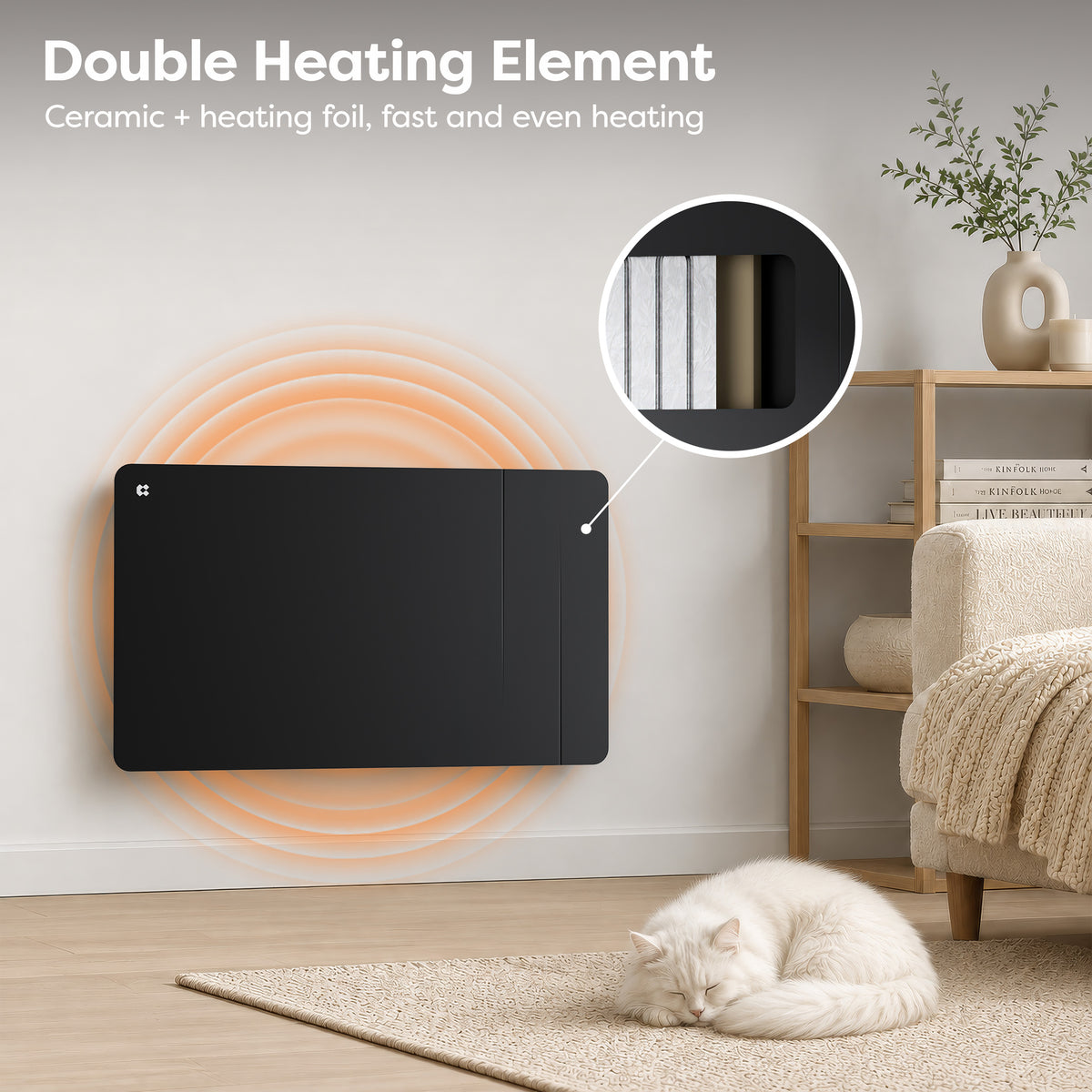 1500W Smart WiFi Electric Radiator with Dual Ceramic & Aluminium Heating Core-Black