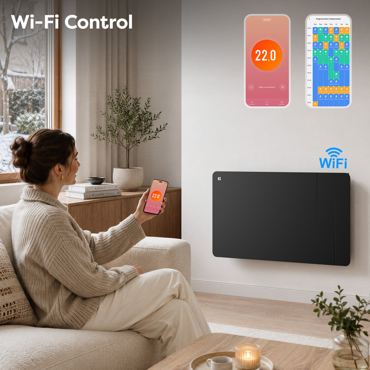 1500W Smart WiFi Electric Radiator with Dual Ceramic & Aluminium Heating Core-Black